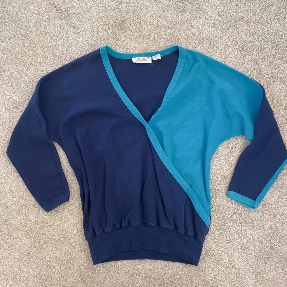 Deadstock Y2k 100% Cotton Sky & Dark Vivid Blue Plunge Sweater - Picture 4 of 8